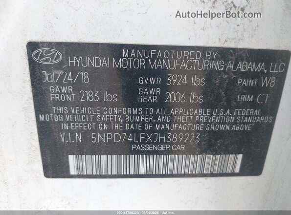 5NPD74LFXJH389223 2018 HYUNDAI ELANTRA Белый Вид подкапотного пространства