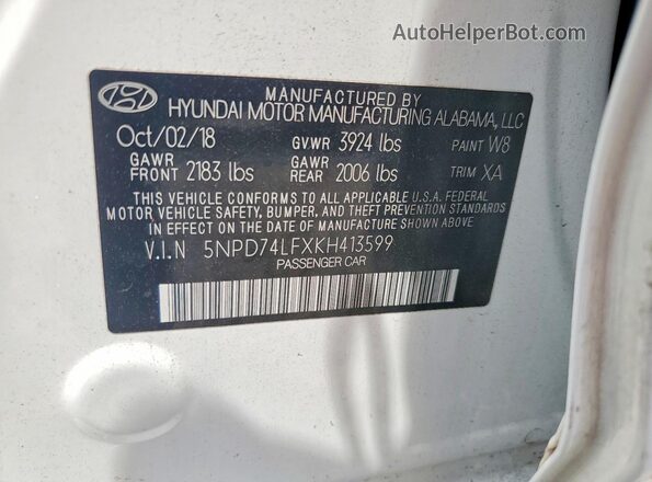 5NPD74LFXKH413599 2019 HYUNDAI ELANTRA White Вид підкапотного простору