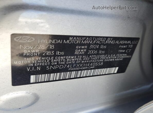 5NPD74LFXKH440558 2019 HYUNDAI ELANTRA Silver VIN კოდის სტიკერის ხედი