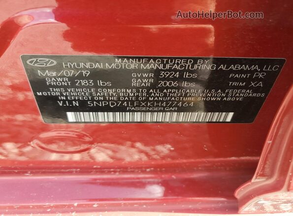 5NPD74LFXKH477464 2019 HYUNDAI ELANTRA Red ძრავის განყოფილების ხედი