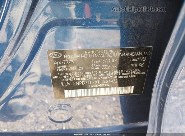 5NPD74LFXKH486472 2019 HYUNDAI ELANTRA Blue Vista del compartimento del motor