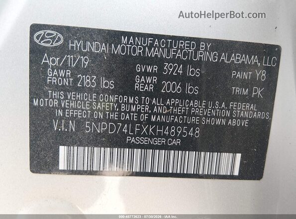 5NPD74LFXKH489548 2019 HYUNDAI ELANTRA Silver Вид підкапотного простору