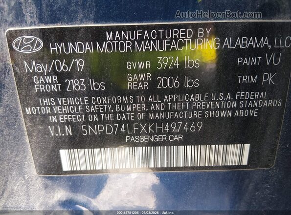 5NPD74LFXKH497469 2019 HYUNDAI ELANTRA Blue Շարժիչի բաժամունքի տեսք