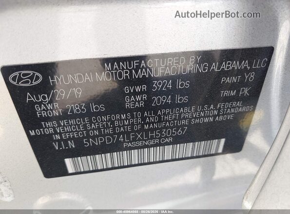 5NPD74LFXLH530567 2020 HYUNDAI ELANTRA Silver ძრავის განყოფილების ხედი