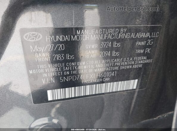 5NPD74LFXLH601041 2020 HYUNDAI ELANTRA Серый Вид подкапотного пространства