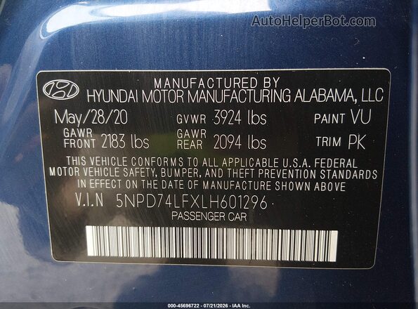 5NPD74LFXLH601296 2020 HYUNDAI ELANTRA Blue Շարժիչի բաժամունքի տեսք