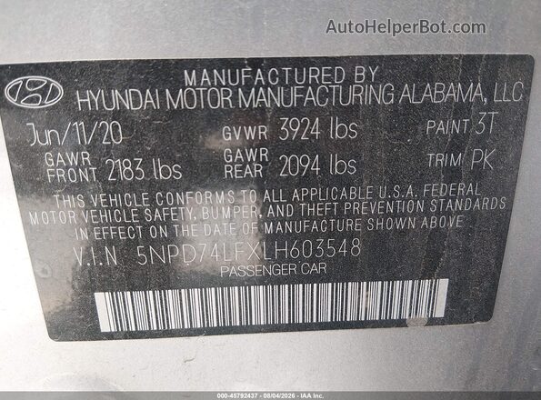 5NPD74LFXLH603548 2020 HYUNDAI ELANTRA Silver ძრავის განყოფილების ხედი