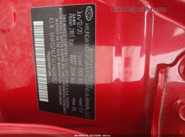 5NPD74LFXLH604053 2020 HYUNDAI ELANTRA Maroon Շարժիչի բաժամունքի տեսք