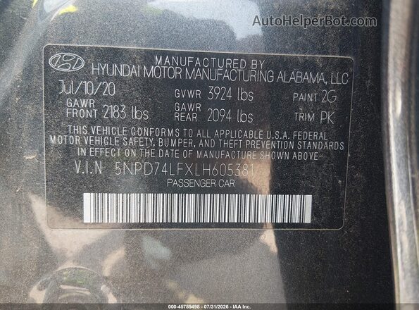 5NPD74LFXLH605381 2020 HYUNDAI ELANTRA Gray ძრავის განყოფილების ხედი