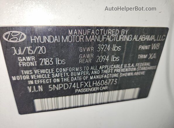 5NPD74LFXLH606773 2020 HYUNDAI ELANTRA White Widok komory silnika