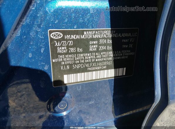 5NPD74LFXLH608961 2020 HYUNDAI ELANTRA Blue Vista del compartimento del motor