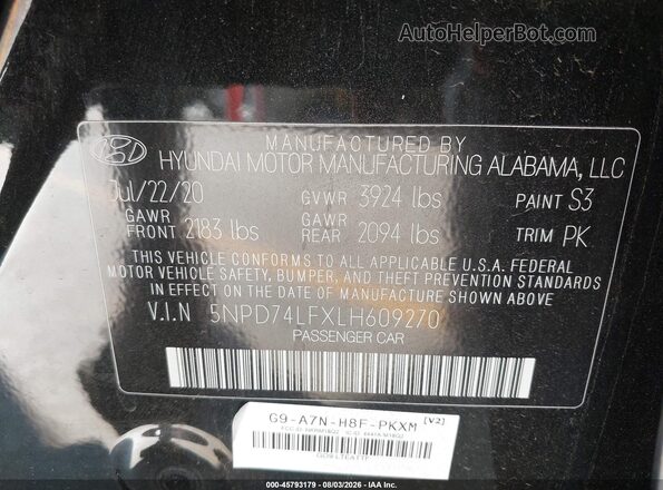 5NPD74LFXLH609270 2020 HYUNDAI ELANTRA Black Вид підкапотного простору