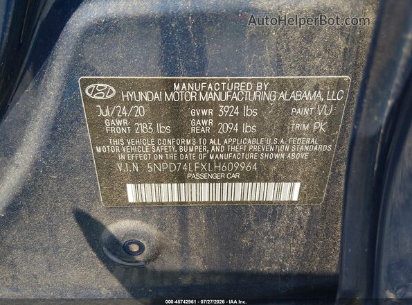 5NPD74LFXLH609964 2020 HYUNDAI ELANTRA Blue Engine compartment view