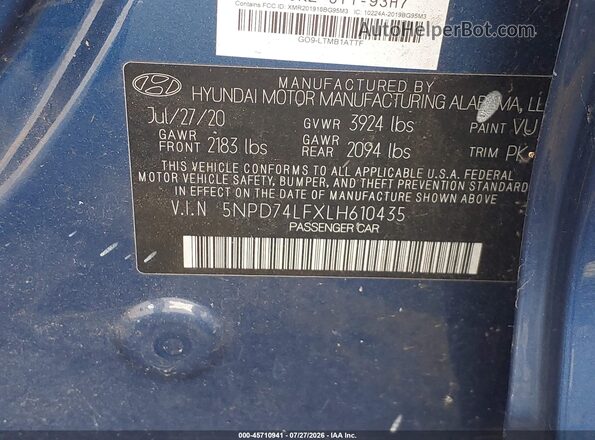 5NPD74LFXLH610435 2020 HYUNDAI ELANTRA Blue ძრავის განყოფილების ხედი