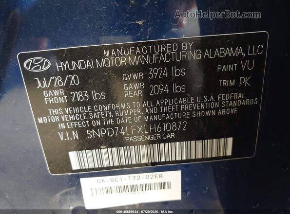 5NPD74LFXLH610872 2020 HYUNDAI ELANTRA Blue Շարժիչի բաժամունքի տեսք