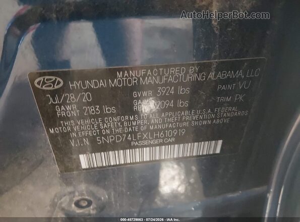 5NPD74LFXLH610919 2020 HYUNDAI ELANTRA Blue Շարժիչի բաժամունքի տեսք