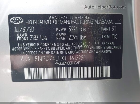 5NPD74LFXLH612251 2020 HYUNDAI ELANTRA Silver Vista del compartimento del motor