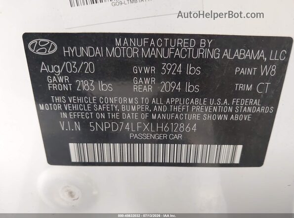 5NPD74LFXLH612864 2020 HYUNDAI ELANTRA White Շարժիչի բաժամունքի տեսք