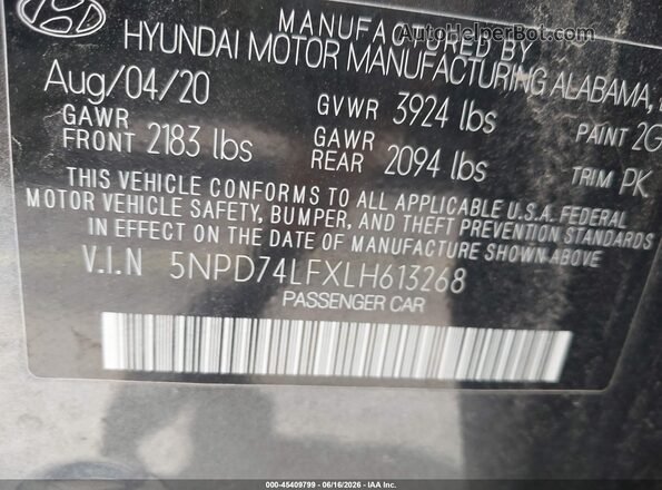 5NPD74LFXLH613268 2020 HYUNDAI ELANTRA Gray Vista del compartimento del motor