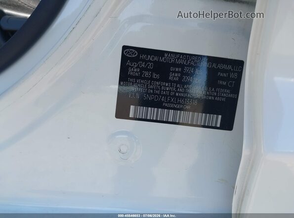 5NPD74LFXLH613318 2020 HYUNDAI ELANTRA White Engine compartment view