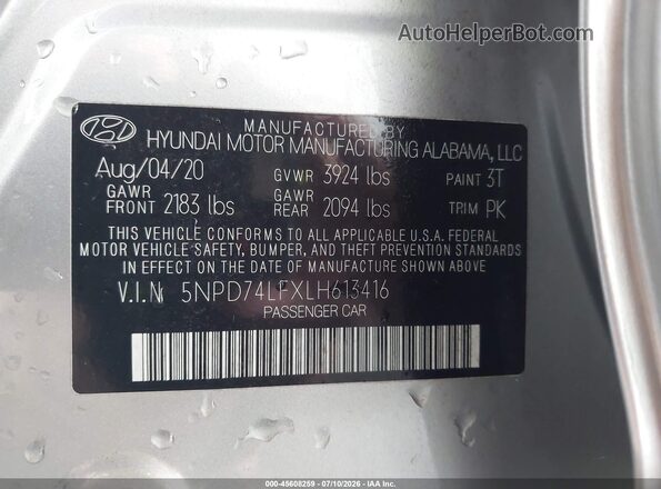 5NPD74LFXLH613416 2020 HYUNDAI ELANTRA Silver Vista del compartimento del motor