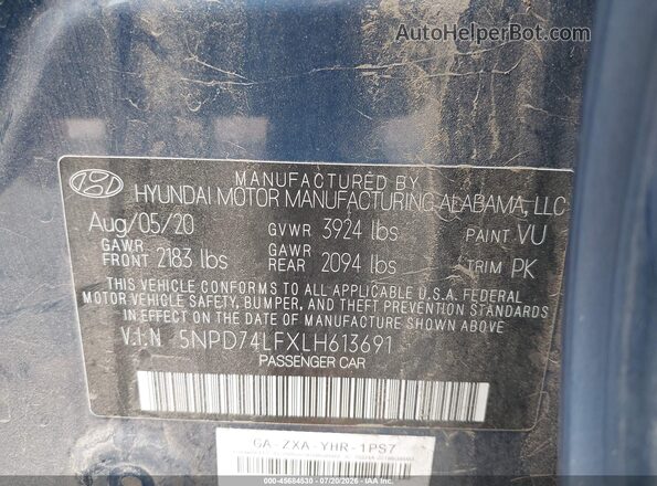 5NPD74LFXLH613691 2020 HYUNDAI ELANTRA Blue Вид підкапотного простору