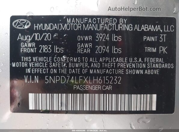 5NPD74LFXLH615232 2020 HYUNDAI ELANTRA Silver Շարժիչի բաժամունքի տեսք