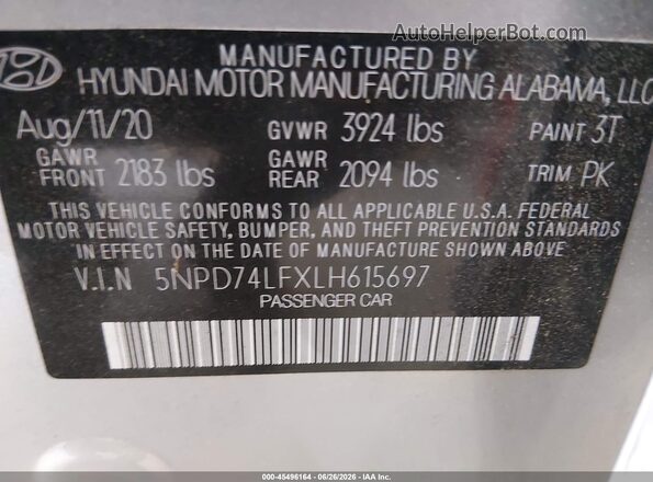 5NPD74LFXLH615697 2020 HYUNDAI ELANTRA Gray Вид підкапотного простору