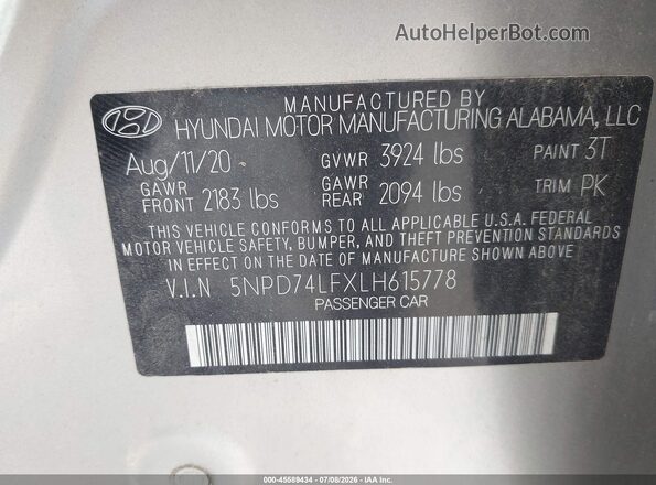 5NPD74LFXLH615778 2020 HYUNDAI ELANTRA Silver Vista del compartimento del motor