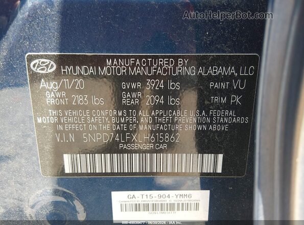 5NPD74LFXLH615862 2020 HYUNDAI ELANTRA Blue Вид підкапотного простору