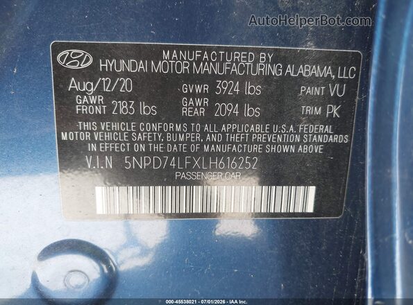 5NPD74LFXLH616252 2020 HYUNDAI ELANTRA Blue Շարժիչի բաժամունքի տեսք