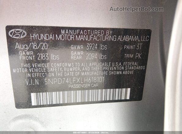 5NPD74LFXLH618101 2020 HYUNDAI ELANTRA Silver Շարժիչի բաժամունքի տեսք