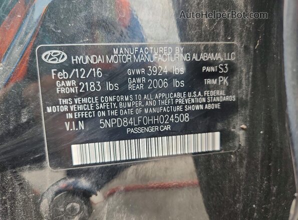 5NPD84LF0HH024508 2017 HYUNDAI ELANTRA Black Вид наклейки з VIN-кодом