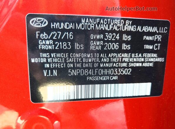 5NPD84LF0HH033502 2017 HYUNDAI ELANTRA Red Vista de la etiqueta del VIN