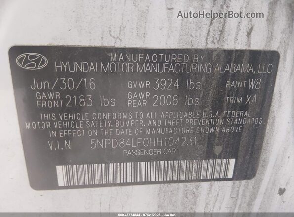 5NPD84LF0HH104231 2017 HYUNDAI ELANTRA White Widok komory silnika