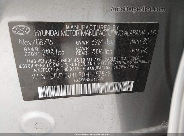 5NPD84LF0HH157575 2017 HYUNDAI ELANTRA Серебряный Вид подкапотного пространства
