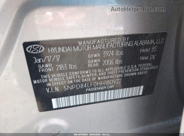 5NPD84LF0HH180922 2017 HYUNDAI ELANTRA Серебряный Вид подкапотного пространства