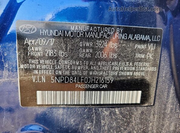 5NPD84LF0JH216159 2018 HYUNDAI ELANTRA Blue Engine compartment view