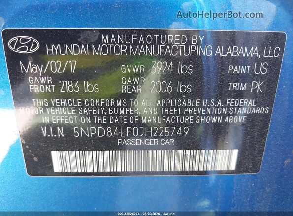 5NPD84LF0JH225749 2018 HYUNDAI ELANTRA Blue Engine compartment view