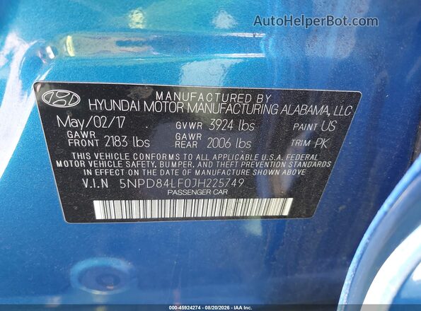 5NPD84LF0JH225749 2018 HYUNDAI ELANTRA Blue 