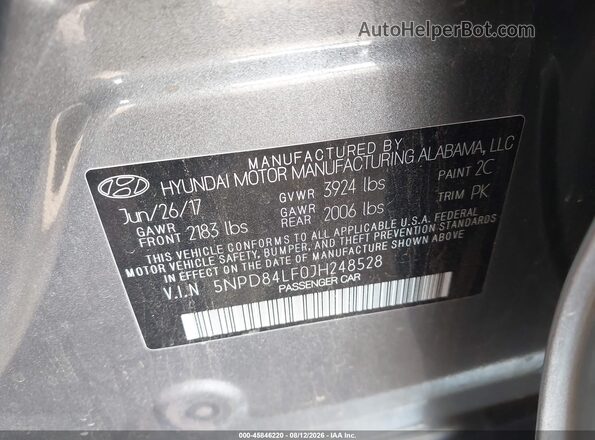 5NPD84LF0JH248528 2018 HYUNDAI ELANTRA Silver Vista del compartimento del motor