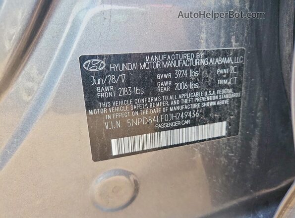 5NPD84LF0JH249436 2018 HYUNDAI ELANTRA Gray VIN կոդի պիտակի տեսք