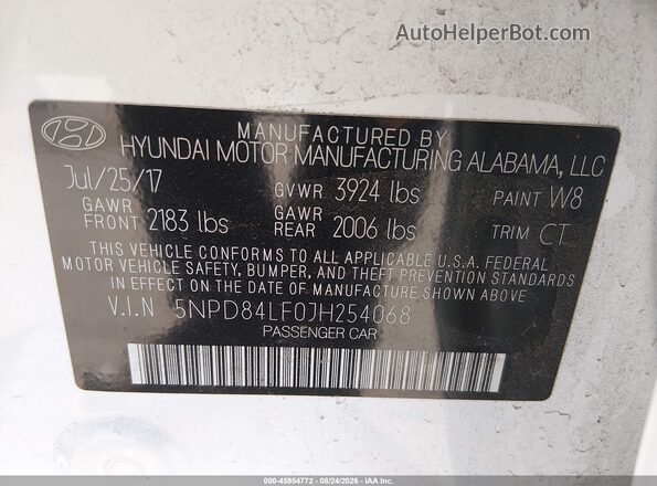5NPD84LF0JH254068 2018 HYUNDAI ELANTRA White Вид підкапотного простору