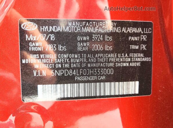 5NPD84LF0JH333000 2018 HYUNDAI ELANTRA Red Շարժիչի բաժամունքի տեսք