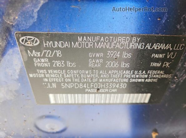 5NPD84LF0JH339430 2018 HYUNDAI ELANTRA Blue Engine compartment view