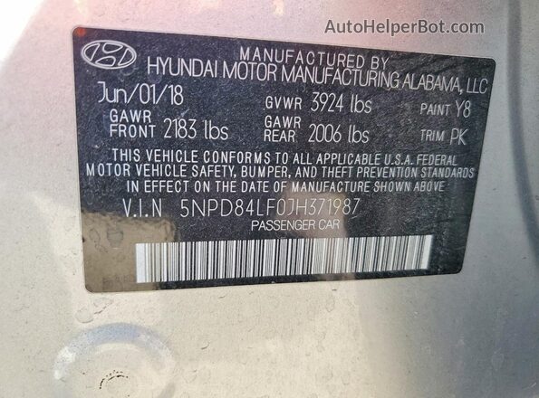5NPD84LF0JH371987 2018 HYUNDAI ELANTRA Silver VIN კოდის სტიკერის ხედი