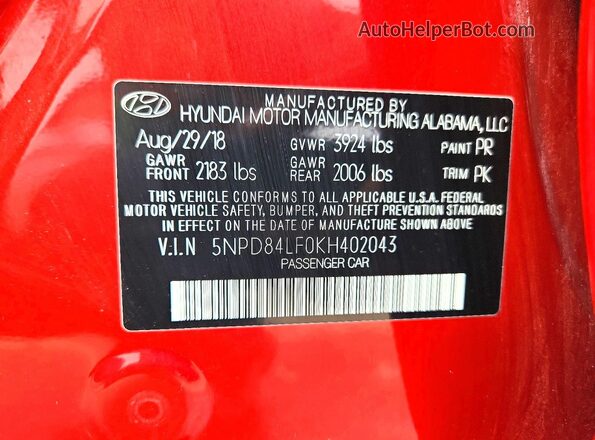 5NPD84LF0KH402043 2019 HYUNDAI ELANTRA Красный Вид наклейки с VIN-кодом