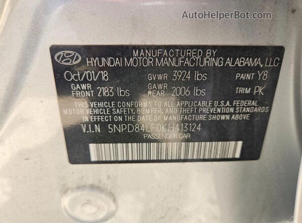 5NPD84LF0KH413124 2019 HYUNDAI ELANTRA Серебряный Вид наклейки с VIN-кодом