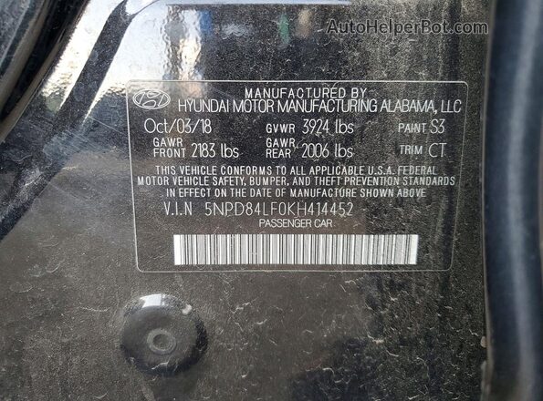 5NPD84LF0KH414452 2019 HYUNDAI ELANTRA Black Vista del compartimento del motor