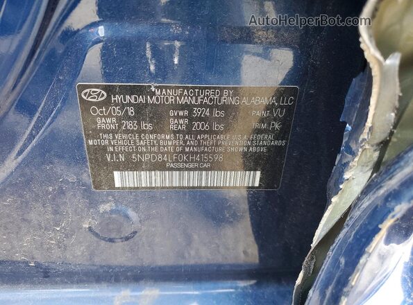 5NPD84LF0KH415598 2019 HYUNDAI ELANTRA Blue Widok komory silnika